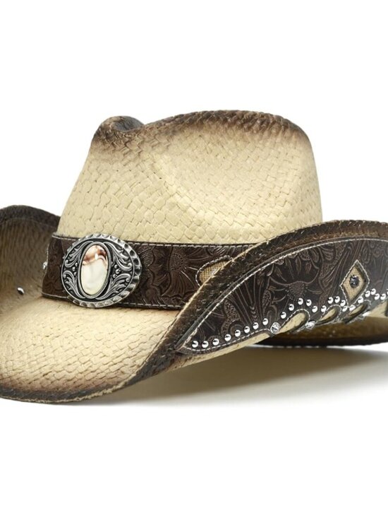Women\'s Tan Straw Western Embroidered Imported Canvas Paper Cowgirl Hat